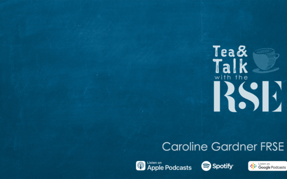 The tea and Talk logo is on a blue background with the text 'Caroline Gardner FRSE' underneath it.