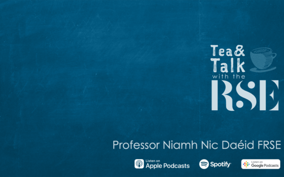 The Tea and Talk logo is on a blue background with the text 'Professor Niamh Nic Daéid FRSE' underneath it.