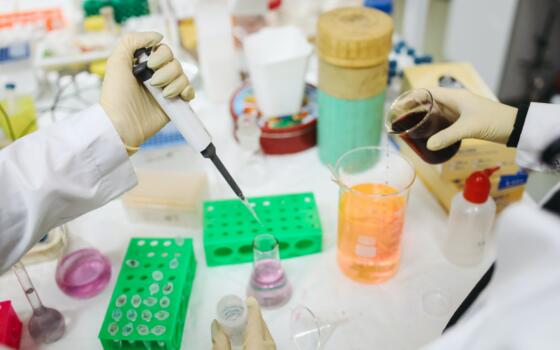 Multicoloured lab equipment on a table