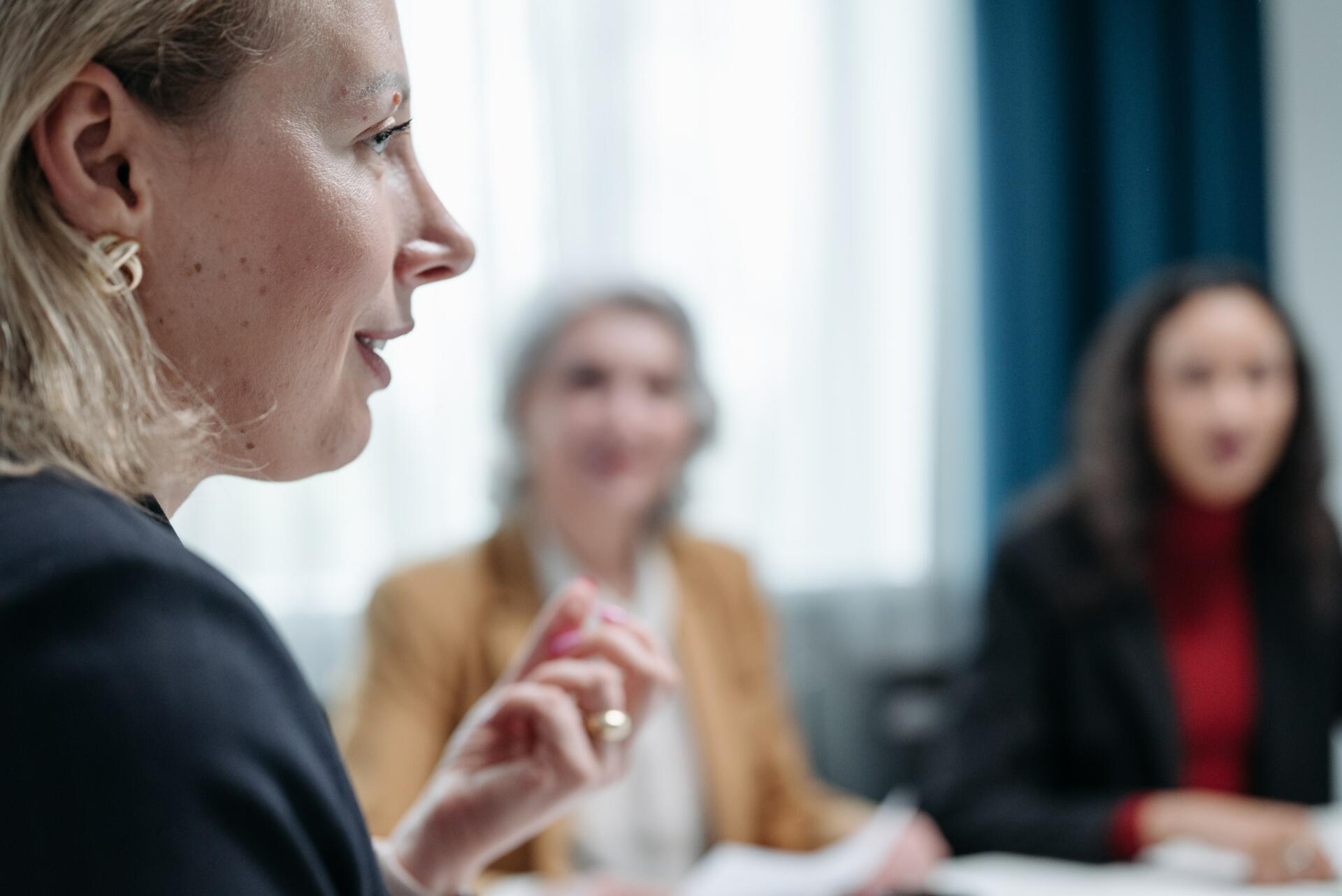 Women speaking around a table.